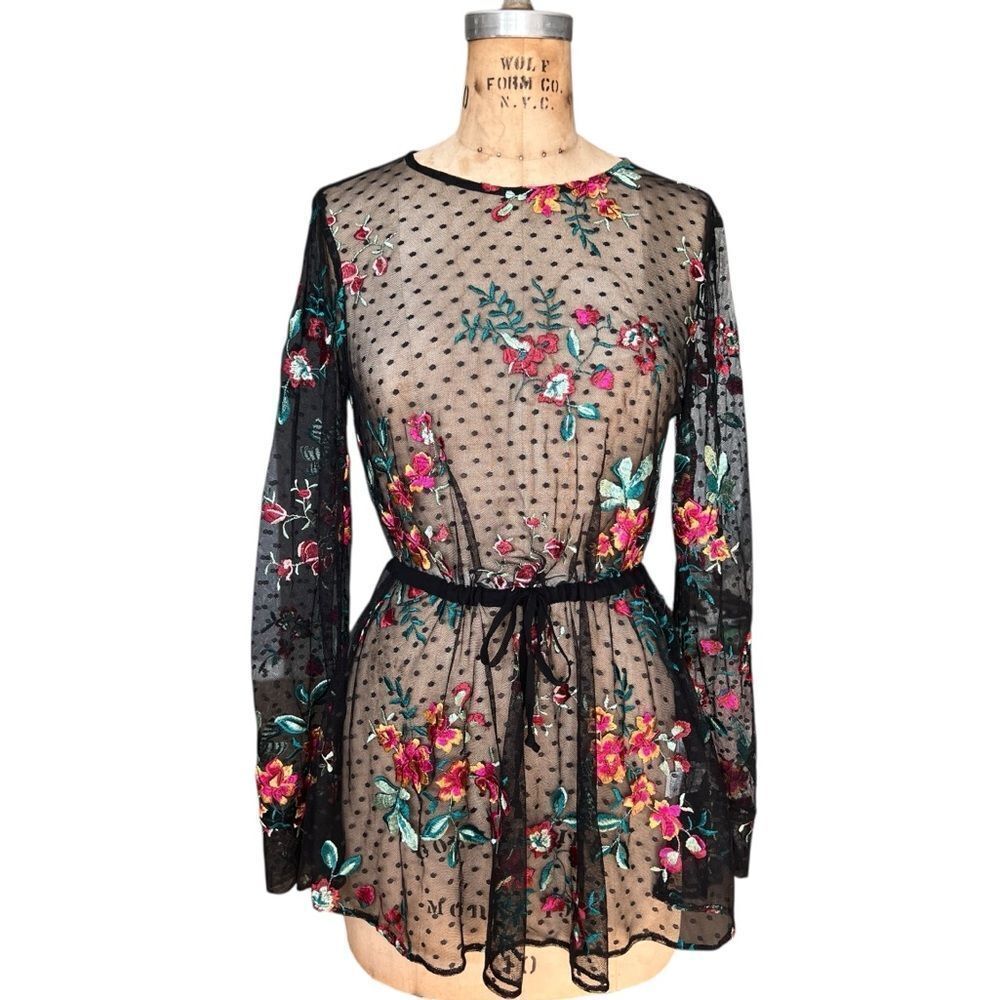 ZARA Sheer Black Floral Embroidered Mesh Blouse Size M